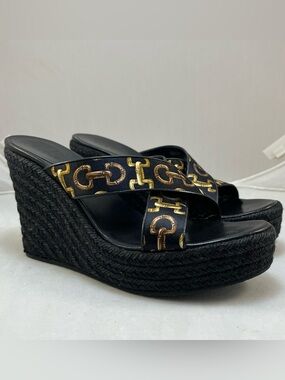 Gucci Horsebit Espadrille Wedge Sandals Silk Twill Black Platform Slide Size 7.5